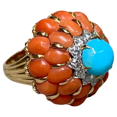 Pre-owned 1stdibs Vintage Mid Century 18k Persian Turquoise Coral Diamond Large Cocktail Ring In Red