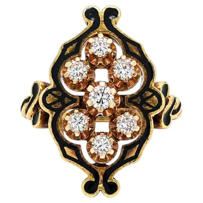 Pre-owned 1stdibs Vintage Midcentury Gold Black Enamel Work W/ Diamond Platter Twisted Sides Ring