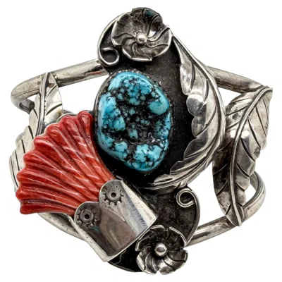 Pre-owned 1stdibs Vintage Native Sterling Silver Turquoise And Carved Coral Floral Cuff Bracelet In Red