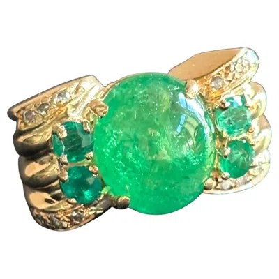 Pre-owned 1stdibs Vintage Natural Emerald Cabochon & Diamond Ring Cocktail Ring 14k Yellow Gold