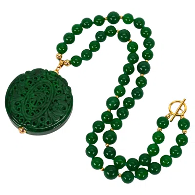 Pre-owned 1stdibs Vintage Natural Jadeite Beaded 12 Karat Gold Necklace W Carved Medallion Pendant In Multi