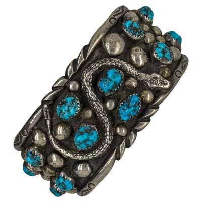 Pre-owned 1stdibs Vintage Navajo Sterling Silver And Turquoise Snake Cuff Bracelet, Signed Jj In Multi