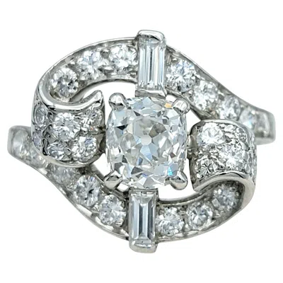 Pre-owned 1stdibs Vintage Old Mine, Baguette And Round Diamond Bypass Cocktail Ring In Platinum In Multi