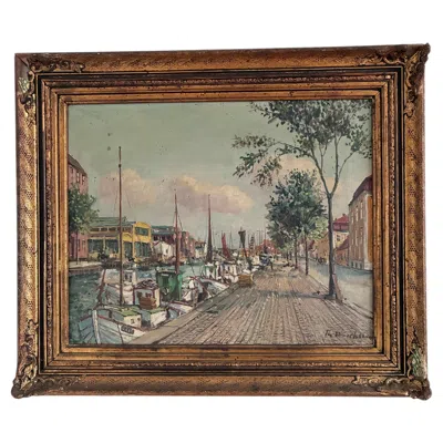 Pre-owned 1stdibs Vintage Original Scandinavian Harbor Oil Painting In Brown