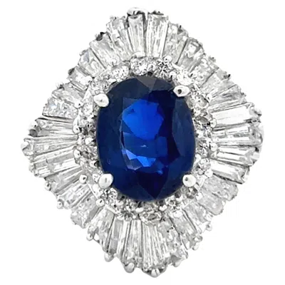 Pre-owned 1stdibs Vintage Oval Blue Sapphire Baguette Diamond Ballerina Ring 14k Solid White Gold