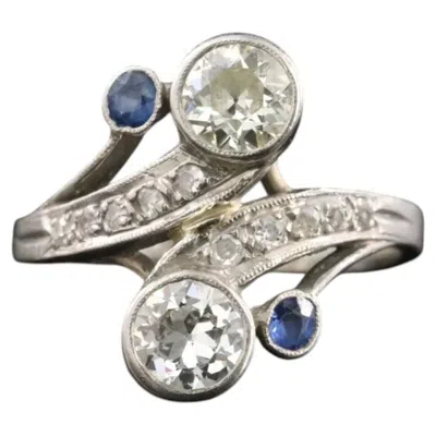 Pre-owned 1stdibs Vintage Palladium 1.13 Ctw Diamond And Sapphire Ring In Blue