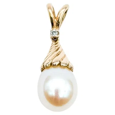 Pre-owned 1stdibs Vintage Pearl & Diamond Drop Pendant In 14k Rose Gold In Red