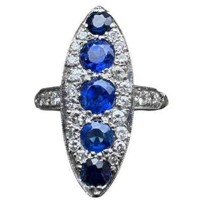 Pre-owned 1stdibs Vintage Platinum Navette Ring With 1.47ct Blue Sapphires & Diamonds