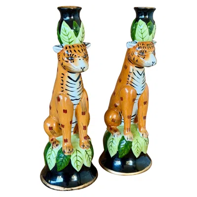 Pre-owned 1stdibs Vintage Regency Leopard Figural Ceramic Candlestick Holders-pair In Sand