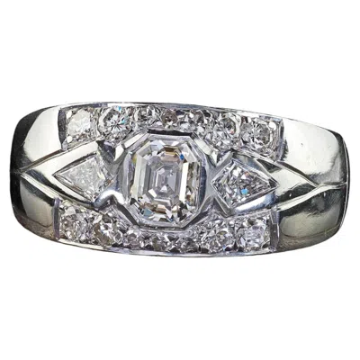 Pre-owned 1stdibs Vintage Retro Platinum Old Emerald Cut Kite Shaped Diamond Wide Band Ring In Green