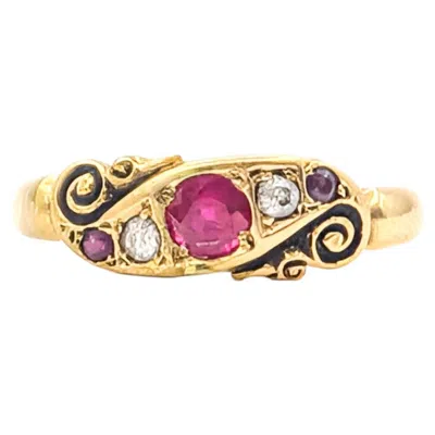 Pre-owned 1stdibs Vintage Ruby And Mine Cut Diamond Scroll Ring In 18k Yellow Gold