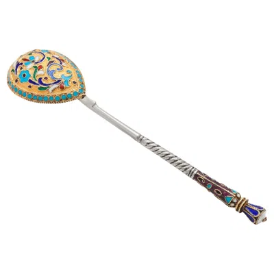Pre-owned 1stdibs Vintage Russian Silver Cloisonné Enamel Tea Spoon Gilt Twisted Stem In Multi