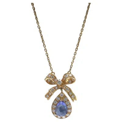 Pre-owned 1stdibs Vintage Sapphire & Diamond Bow Pendant Necklace, 18kt Gold In Blue