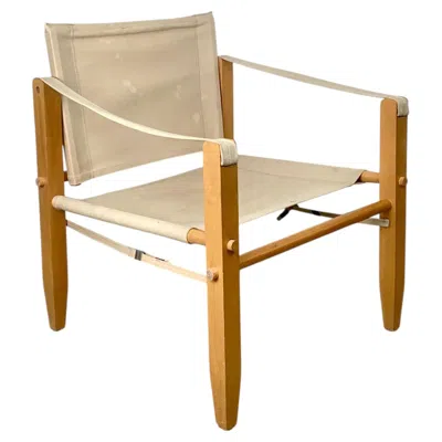 Pre-owned 1stdibs Vintage Scandinavian Style Safari Lounge Chair, Wood Frame And Natural Canvas In Brown