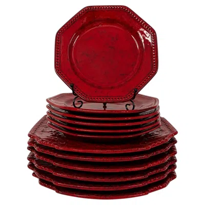 Pre-owned 1stdibs Vintage Sicilian Hand-painted Ceramic Plate Set, Tomato-red Glaze