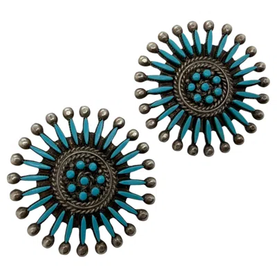 Pre-owned 1stdibs Vintage Signed Zuni Needlepoint Turquoise Sterling Silver Sunburst Earrings In Multi