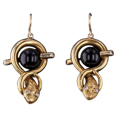 Pre-owned 1stdibs Vintage Snake Earrings Of 14k Gold With Onyx Beads, Circa 1950 In Black