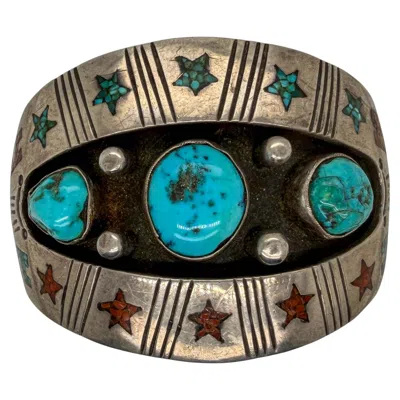 Pre-owned 1stdibs Vintage Southwestern Sterling Silver Turquoise & Multi-stone Inlay Cuff Bracelet