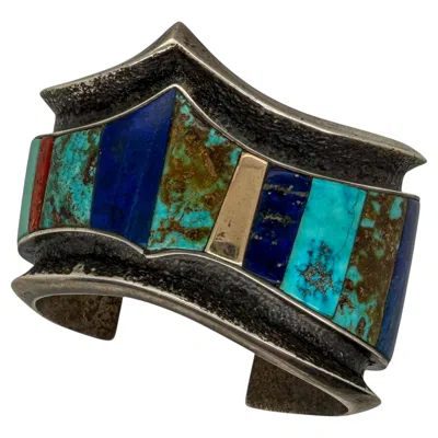 Pre-owned 1stdibs Vintage Sterling Silver Multi-stone Inlay Cuff Bracelet W 14 Karat Gold Accent