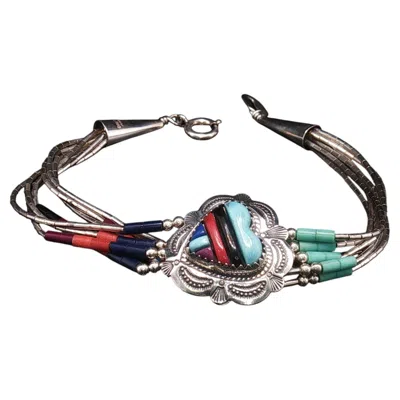 Pre-owned 1stdibs Vintage Sterling Silver Native Heart Multi Stone Liquid Silver Bracelet 7''