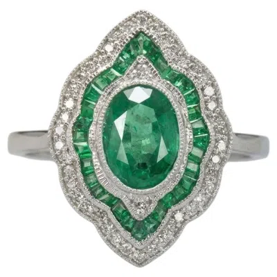 Pre-owned 1stdibs Vintage Style Emerald And Diamond Navette Double Halo Ring In Green