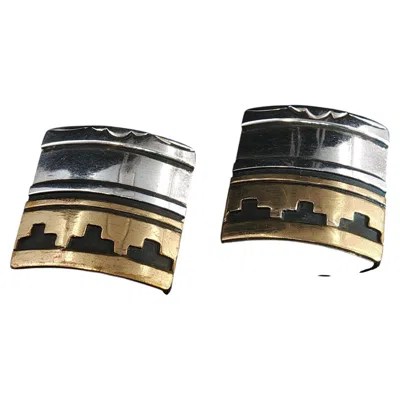 Pre-owned 1stdibs Vintage T. Singer Goldcraft Wave Square Earrings 925 & 10k 10.8 Grams In Multi
