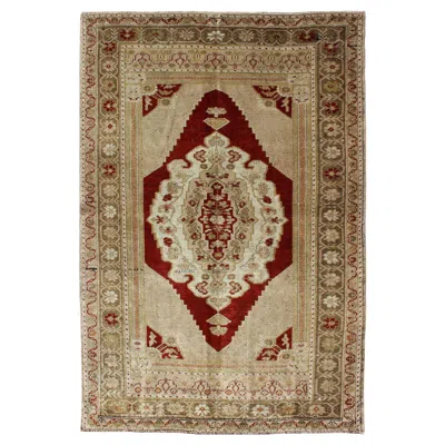 Pre-owned 1stdibs Vintage Turkish Oushak Area Rug, Red Medallion, Green Border