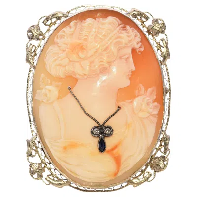 Pre-owned 1stdibs Vintage White Gold Diamond And Sapphire Cameo Brooch