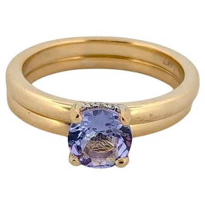 Pre-owned 1stdibs Vivienne 14k Yellow Gold Ring With 1.20ct Tanzanite & 0.07ctw Diamond Halo