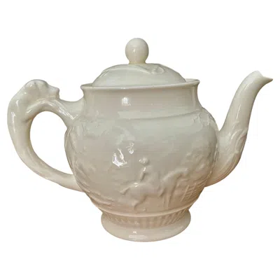 Pre-owned 1stdibs Wedgewood Devonshire Off-white Embossed Neoclassical Hunting Scene Teapot In Sand