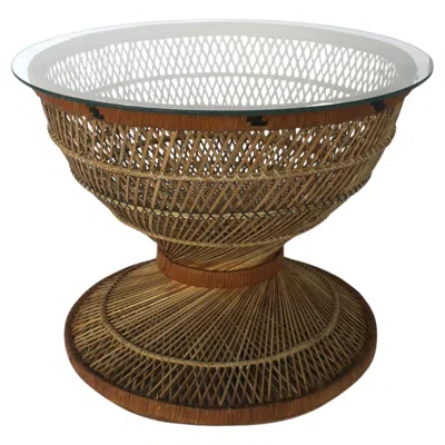 Pre-owned 1stdibs Wicker Side Or Cocktail Table, Emmanuelle Peacock Style, With Glass Top In Brown