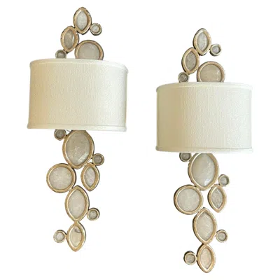 Pre-owned 1stdibs Wonderful Pair Modern Silver Gilt Silk Lamp Shade Quartz Rock Crystal Sconces In Sand