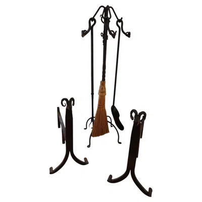 Pre-owned 1stdibs Wrought Iron Ram's Head Fireplace Set In Black