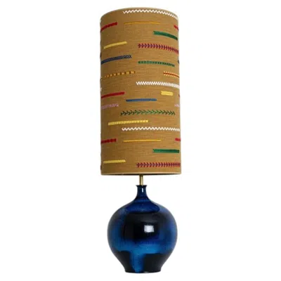 Pre-owned 1stdibs Xl Ceramic Floor Table Lamp Cobalt Blue, Multicolor Silk Lampshade By R. Houben
