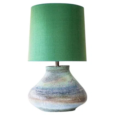 Pre-owned 1stdibs Xl Multicolor Squat Bulbous Ceramic Lamp, Green Custom Lampshade By R. Houben
