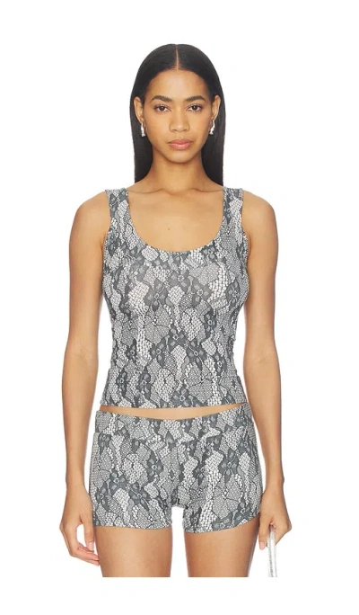 1xblue Lace Print Tank Top In Black