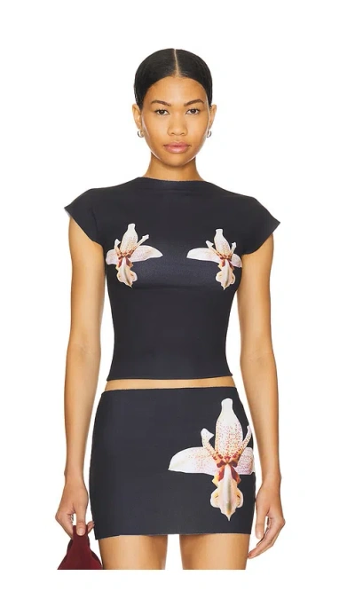 1xblue Orchid Shapewear T-shirt In 黑色印花