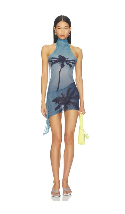 1xblue Palm Twist Back Mini Dress In Blue