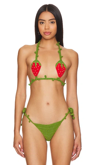 1xblue Strawberry Crotchet Top In Green