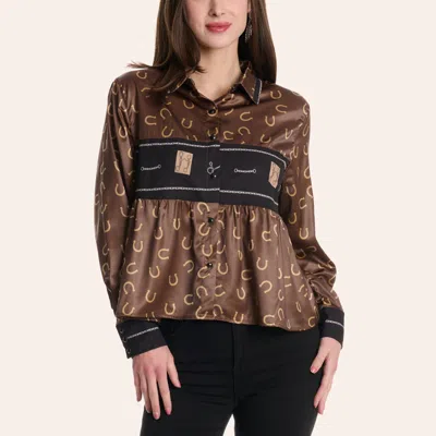 2 Fly Co . Women's A Bit Lucky Brown Horseshoe Print Satin Top