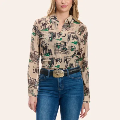 2 Fly Co . Women's Tan Western Icon Print Long Sleeve Pearl Snap Shirt In Brown