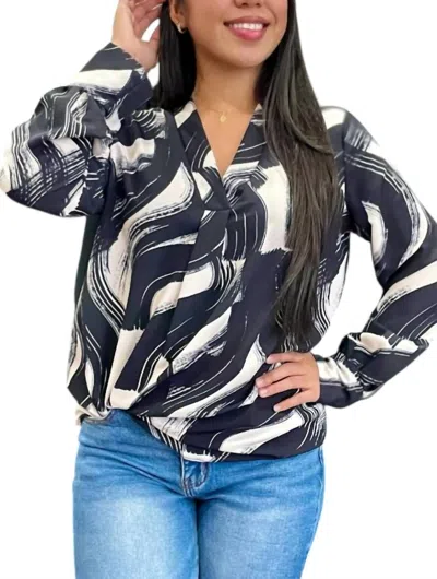 2 Hearts Apparel Print V-neck With Cuff Blouse In Black/cream In Blue