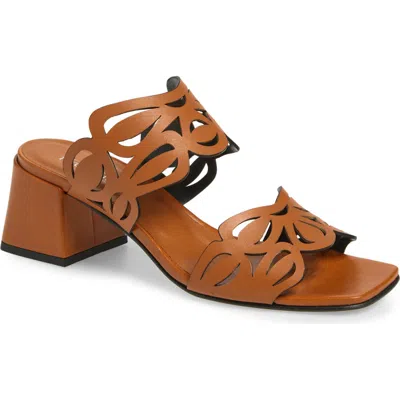 2 Twin Hearts Laser Cutout Slide Sandal In Cognac