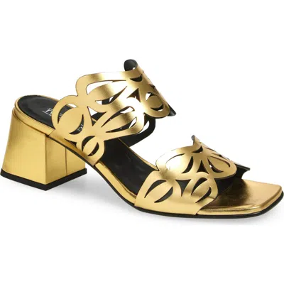 2 Twin Hearts Laser Cutout Slide Sandal In Gold Metallic