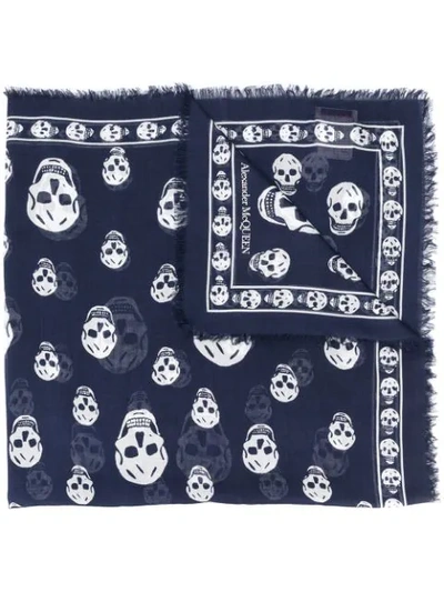 Alexander Mcqueen Skull-print Fringed Scarf In Blue