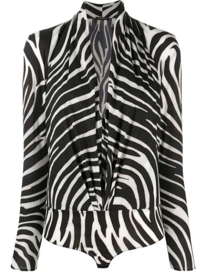 Versace V-neck Zebra Print Bodysuit In Black & White
