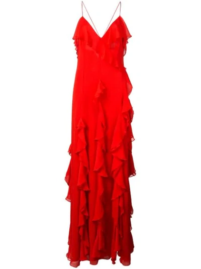 Alice And Olivia Spaghetti-strap Ruffled Gown In Cherry