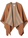 Burberry Icon-stripe Fringed Wool Cape In Brown