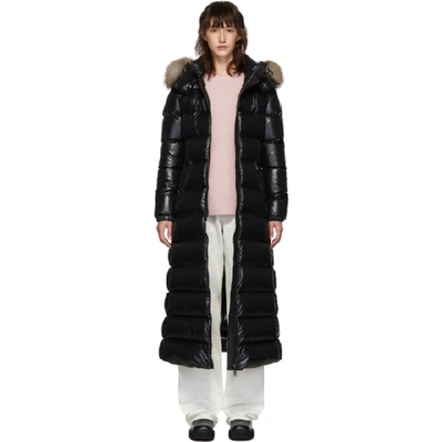 Moncler Hudson Long Quilted Down Coat With Genuine Fox Fur Trim In Black