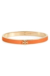 Tory Burch Kira Logo Enamel Hinge Bracelet In Tory Gold / Orange